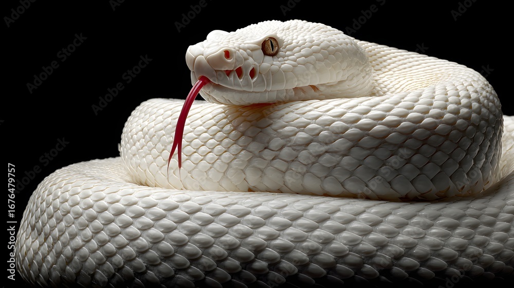 Fototapeta premium A pristine, pure white snake coils elegantly against a stark black backdrop, its intricate scales showcasing a mesmerizing texture.