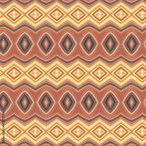 Seamless geometric pattern with diamond shapes in warm brown and gold tones. Abstract, textured, and stylish background for fashion, textiles, and art.
