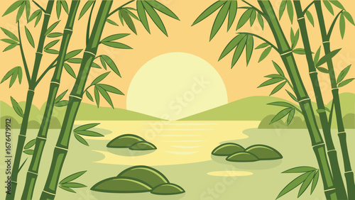 Tranquil nature showing bamboo stalks framing a serene sunset over still water