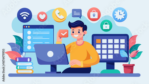 Person working on a computer with icons floating above