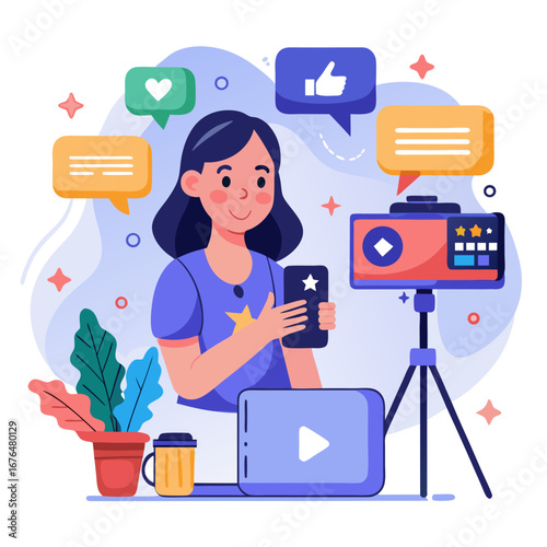 Woman vlogging with camera and getting social feedback