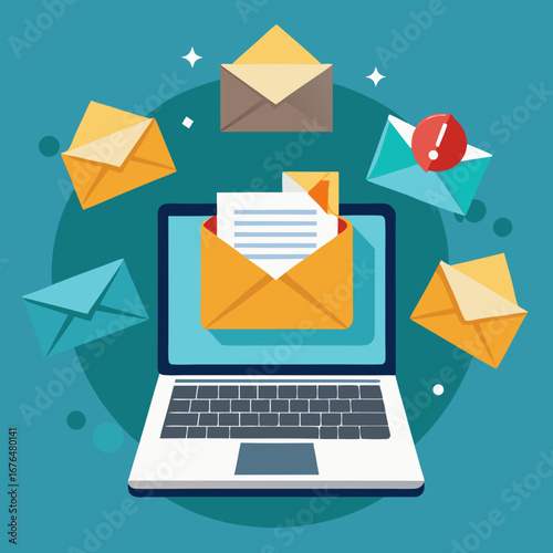 Laptop with emails and notification alert illustration