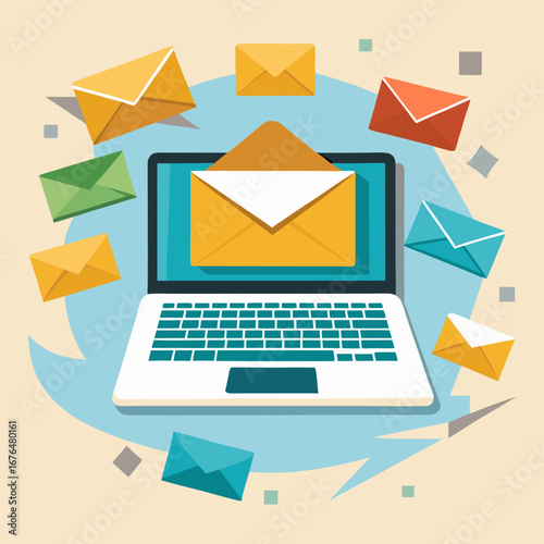 Laptop surrounded by colorful email envelopes graphic