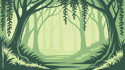 Green leafy forest path shows overgrown silhouette trees and shadowy distance during daytime