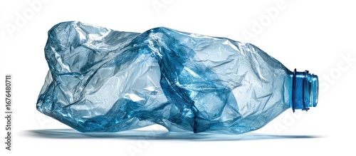 Crinkled, light-blue plastic water bottle discarded on white background