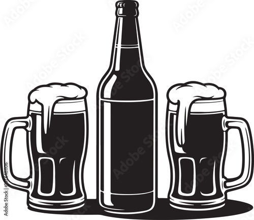 Stylized black and white line art beer bottle silhouette isolated on transparent background