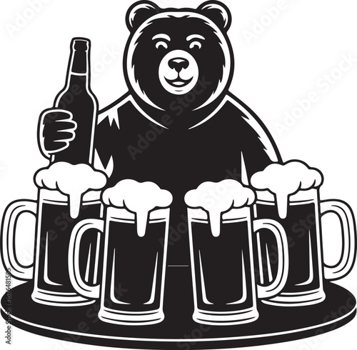 Stylized black and white line art beer bottle silhouette isolated on transparent background