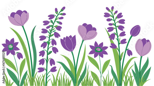 Assorted purple blooms and leafy green blades elegantly compose a natural floral illustration