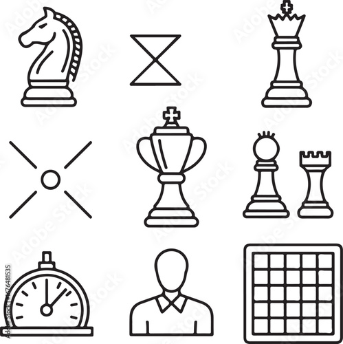 Competitive Chess Hand-Drawn Icon Pack Knight Move, Checkmate Symbol, Tournament Trophy, Chess Timer, Player Silhouette, and Game Board Graphics