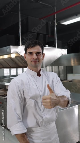 Portrait of professional chef posing proudly with thumbs up gesture in hotel kitchen, dressed in full white uniform