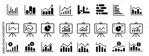 Business Graphs & Charts Icons - Analytics and Statistics Symbols with Arrows for Finance & Data Visualization
