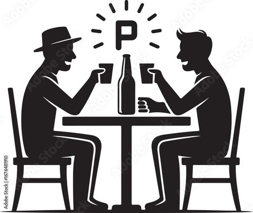 Stylized black and white beer bottle silhouette isolated on transparent background