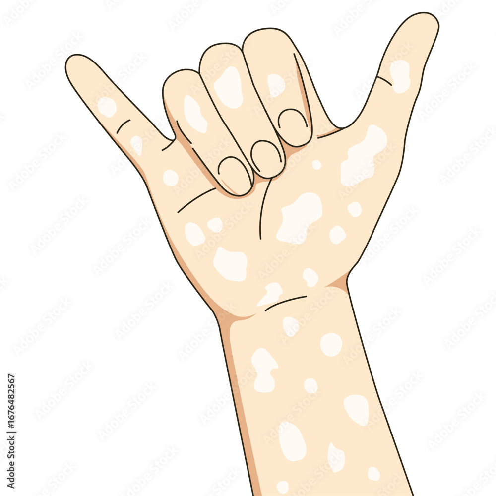 Obraz premium Hang loose pose vitiligo people. Unique skin pigmentation highlighting natural beauty. World vitiligo day. Skin depigmentation, skin disorder, self acceptance, emotional support.