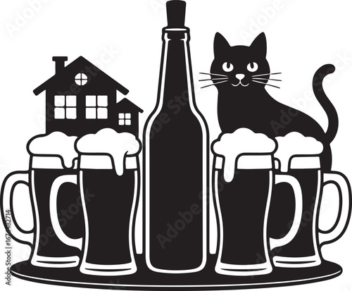 Stylized black and white line art beer bottle silhouette isolated on transparent background