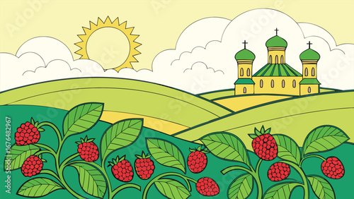 Colorful illustration features a church amidst rolling hills and raspberries under the shining sun