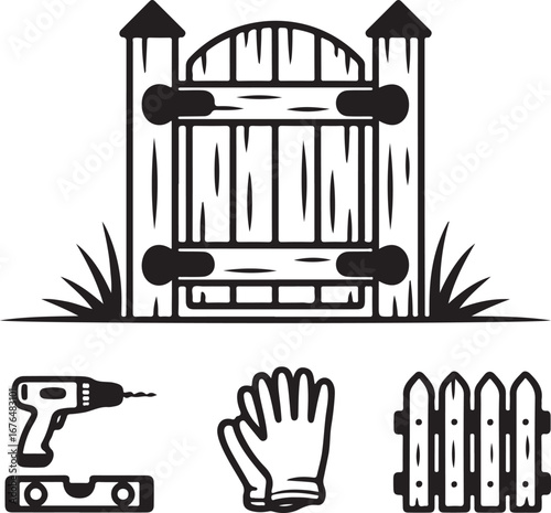 DIY Wooden Gate Building Vector Icons Collection Hinges, Planks, Level, Drill, Garden Fence, Work Gloves, and Assembly Symbols