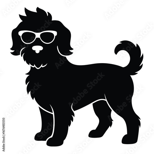 Black Silhouette of a Shaggy Dog Wearing Sunglasses on a White Background vector illustration