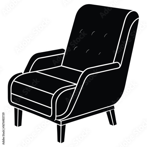 Black Silhouette of a Tufted Armchair with Curved Arms and Wooden Legs on a White Background furniture