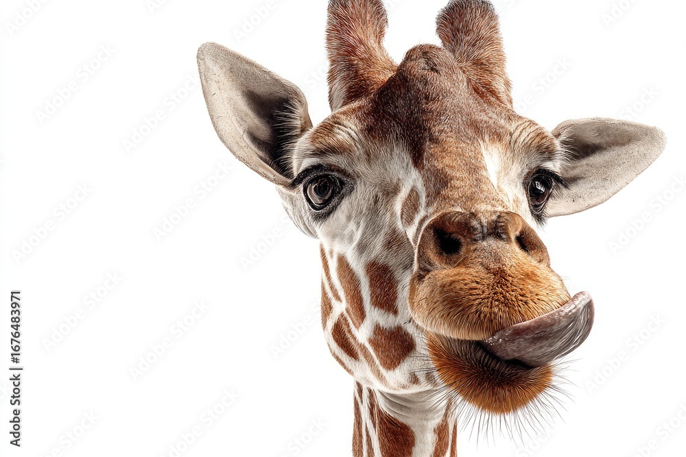 Naklejka premium Close-up of a giraffe's head and neck, tongue sticking out (1)