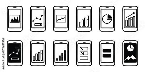 Assortment of Hand Drawn Smartphone Icons Featuring Diverse Financial Charts and Data Visualizations