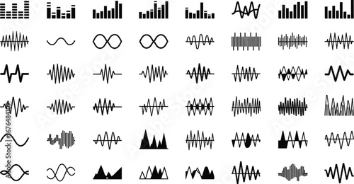 Waveform and signal icon set featuring audio, frequency, and amplitude patterns for music, engineering, and data visualization design projects