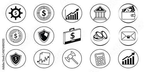 Collection of Hand Drawn Finance and Business Icons in Circles money investment