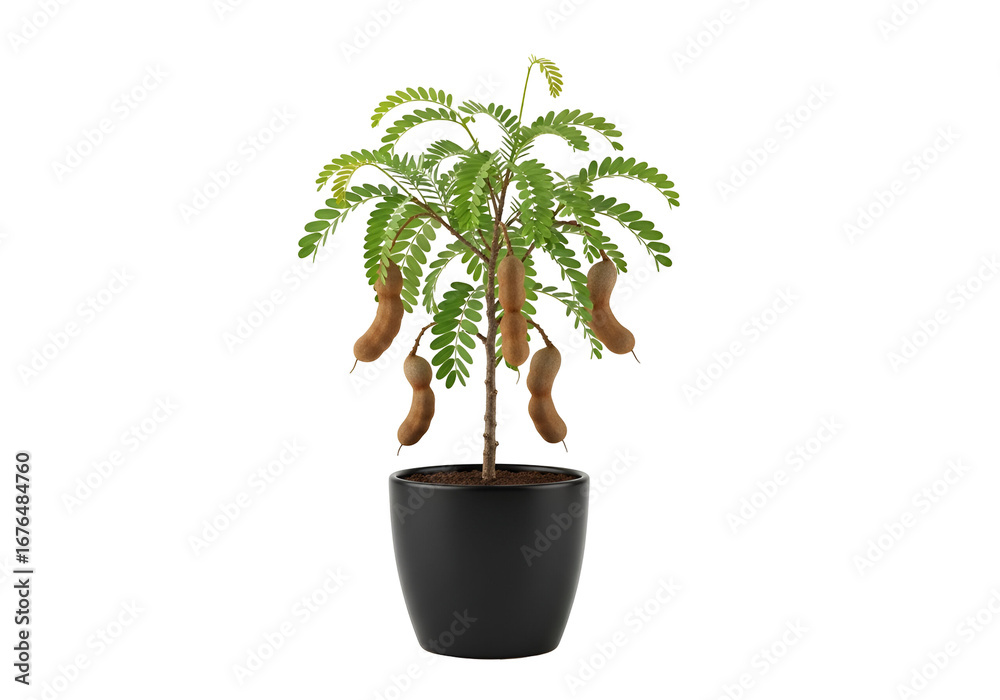 Obraz premium A potted tamarind tree showcases its rich, brown fruit pods, adding a touch of tropical allure against a stark black backdrop.