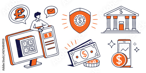 Hand- Drawn Style Illustrations of Financial Concepts and Online Banking finance hand-drawn