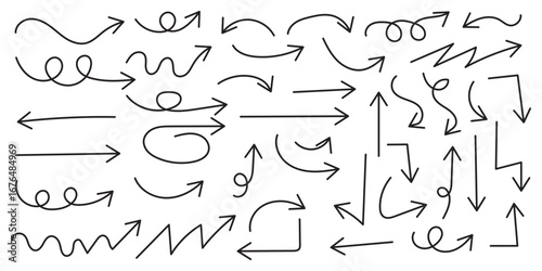 Squiggly red arrow set. Chalk elements in flat style. Doodle movement spiral arrows, scribble, lines. Hand drawn pencil brush for icon, children sketch. Vector illustration on white background