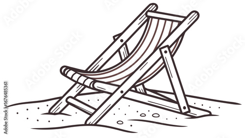 Hand-drawn illustration of a wooden deck chair on sand with pebbles lounge chair beach chair