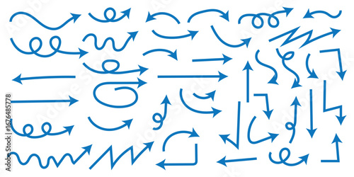 Hand-drawn navy blue arrows collection. Diverse directional elements including curved, wavy, spiral, straight, and zigzag arrows on white background. Perfect for presentations, infographics, flowchart