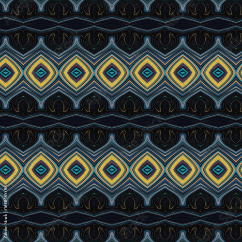 Seamless geometric abstract pattern with diamond shapes in yellow, teal, and dark tones, creating a hypnotic symmetrical design. Perfect for textiles and backgrounds.