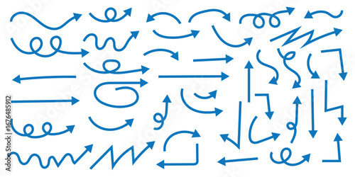 Hand-drawn navy blue arrows collection. Diverse directional elements including curved, wavy, spiral, straight, and zigzag arrows on white background. Perfect for presentations, infographics, flowchart