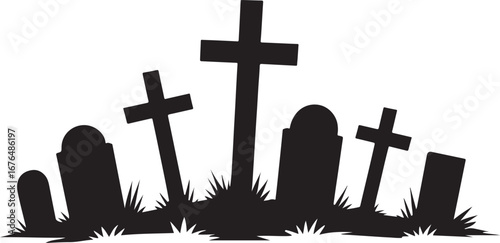 Graveyard Silhouette with Crosses and Tombstones – Spooky Cemetery Illustration for Halloween Gothic Horror Haunted Designs Dark Art and Scary Decoration