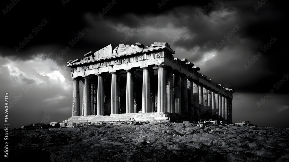 Obraz premium A dramatic black and white depiction of the Parthenon, showcasing its grandeur against a stormy sky.