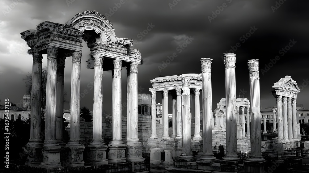 Fototapeta premium A dramatic grayscale view of ancient ruins, featuring weathered columns and arches under a brooding sky.