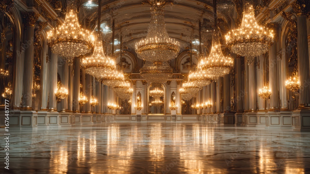 Obraz premium Glittering chandeliers illuminate an opulent hall during an eleg