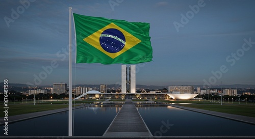 Brazilian flag waving majestically on a flagpole, with the distinctive architecture and landmarks of Brasília, such as the Cathedral of Brasília or the National Congress, in the background on a clear,
