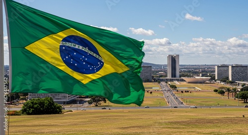 Brazilian flag waving majestically on a flagpole, with the distinctive architecture and landmarks of Brasília, such as the Cathedral of Brasília or the National Congress, in the background on a clear,
