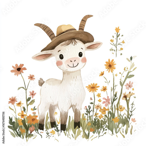 a cute Goat wearing a little farmers hat