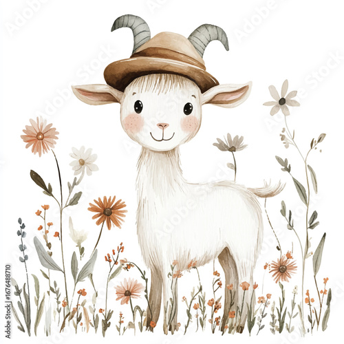 a cute Goat wearing a little farmers hat