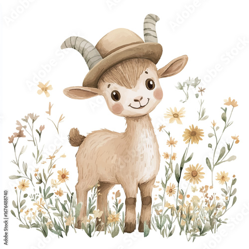 a cute Goat wearing a little farmers hat