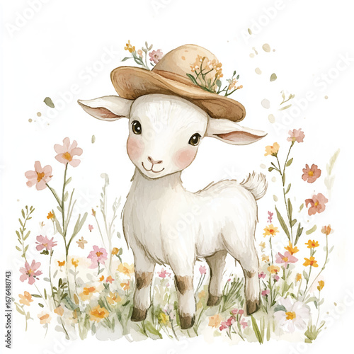 a cute Goat wearing a little farmers hat