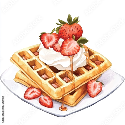 a cute golden waffles topped with strawberries whip