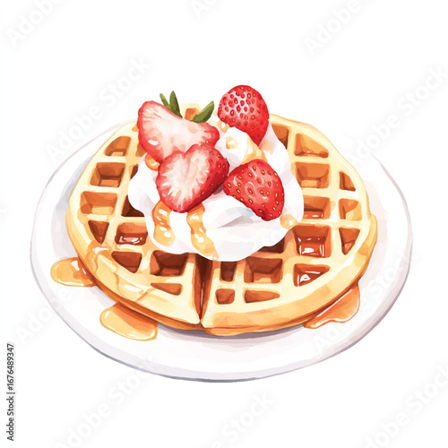 a cute golden waffles topped with strawberries whip