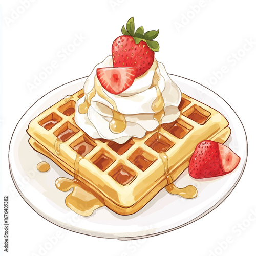 a cute golden waffles topped with strawberries whip