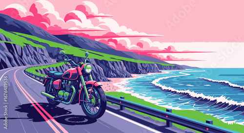 Vibrant illustration of a motorcycle parked on a scenic coastal highway with rolling hills and ocean waves.