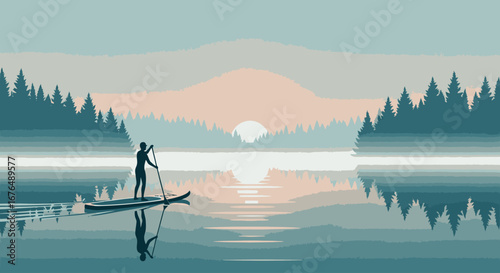 A serene illustration of a person stand-up paddleboarding on a calm, misty lake during a beautiful sunrise, surrounded by pine forests and mountains.