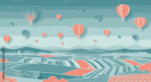 Stylized landscape illustration of hot air balloons floating over rolling hills and patchwork fields in a monochromatic color scheme.