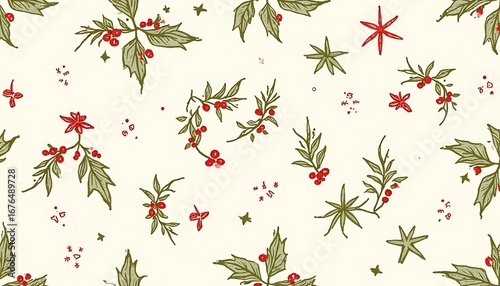 Holly Berry and Greenery Pattern Hand Drawn Style